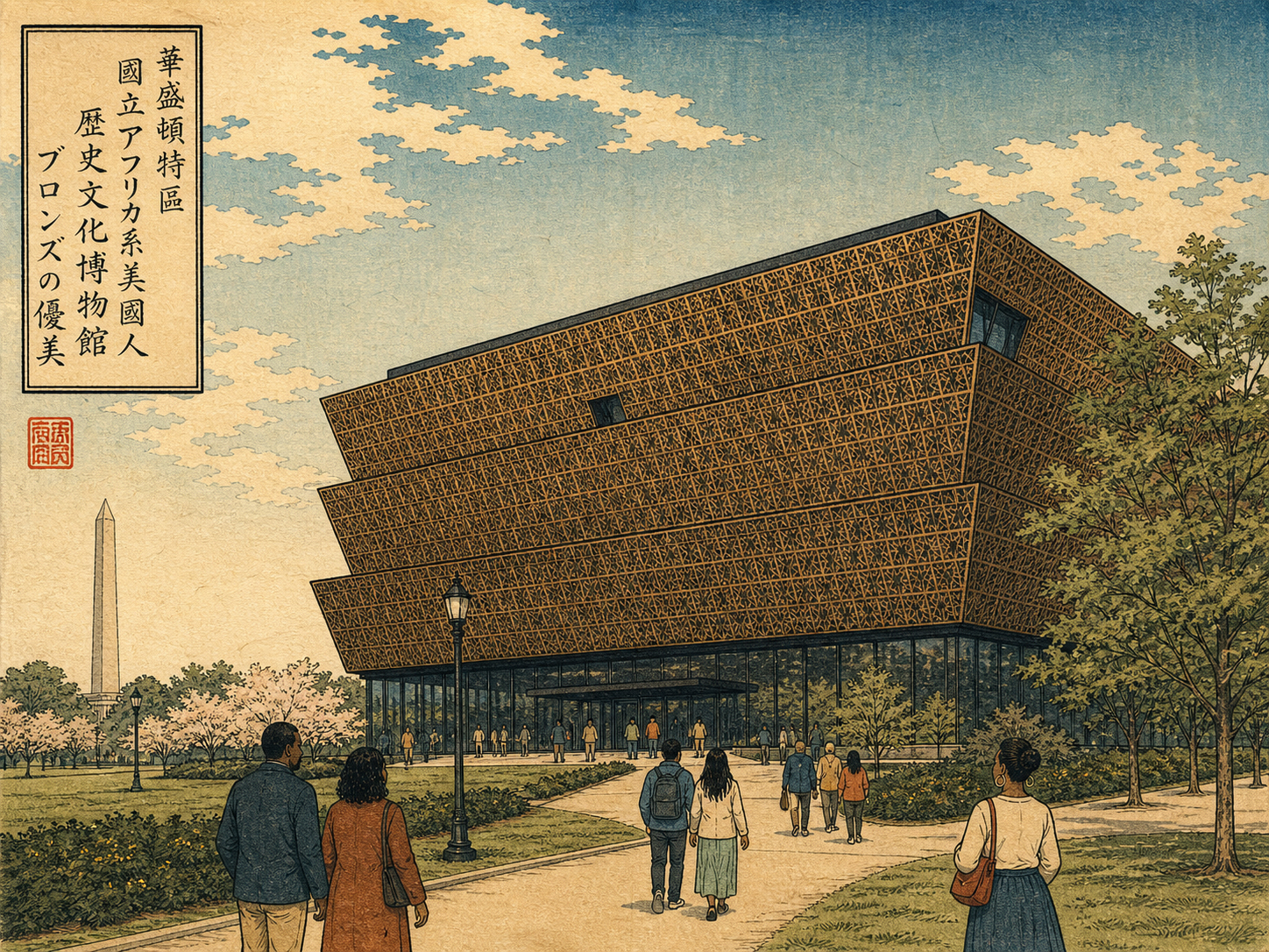 国立アフリカ系アメリカ人歴史文化博物館、ブロンズ色の外観とナショナル・モールを描いた木版画風景