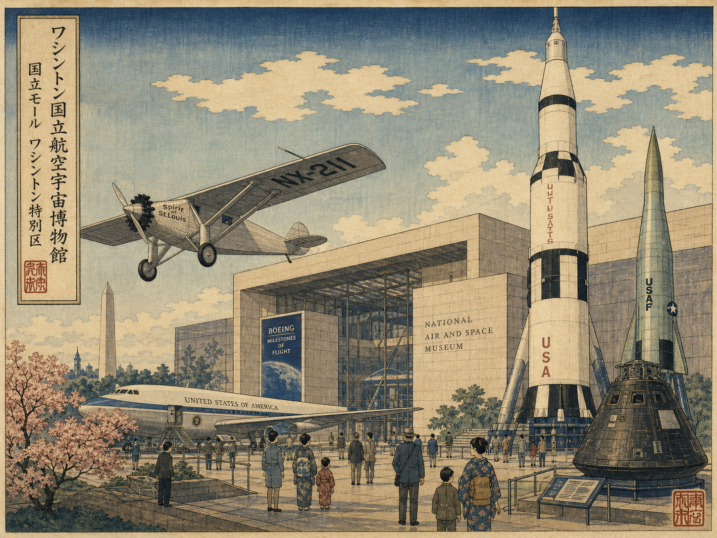 国立航空宇宙博物館、飛行機、ロケット、ナショナル・モールの展示空間を描いた木版画風景