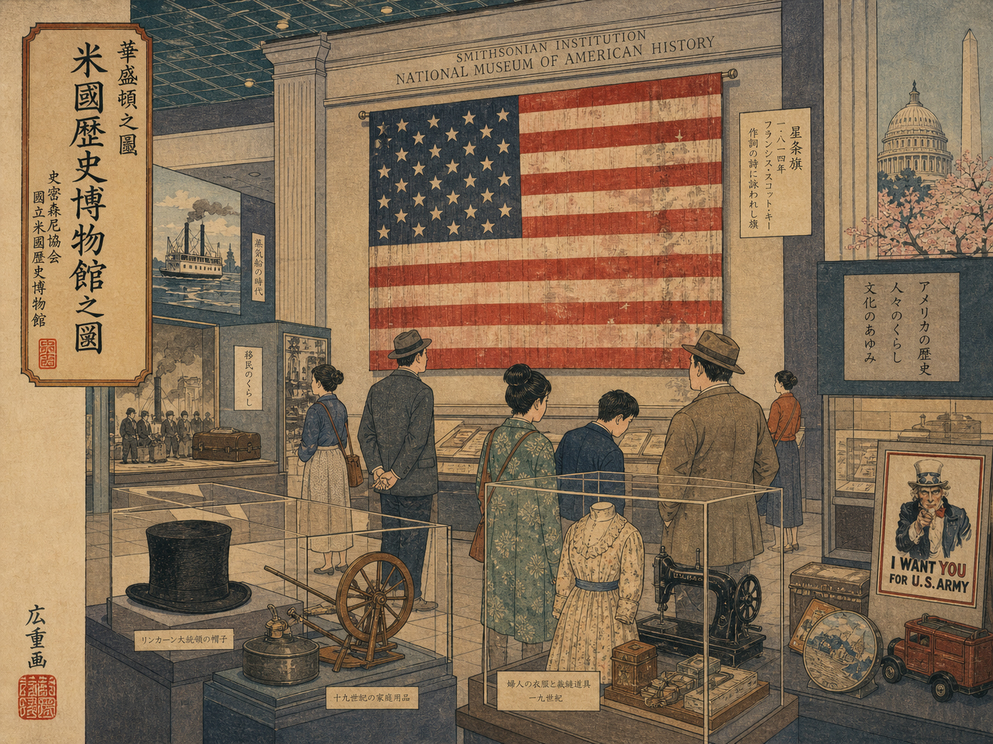 国立アメリカ歴史博物館、国旗、生活用品、文化展示を描いた木版画風景