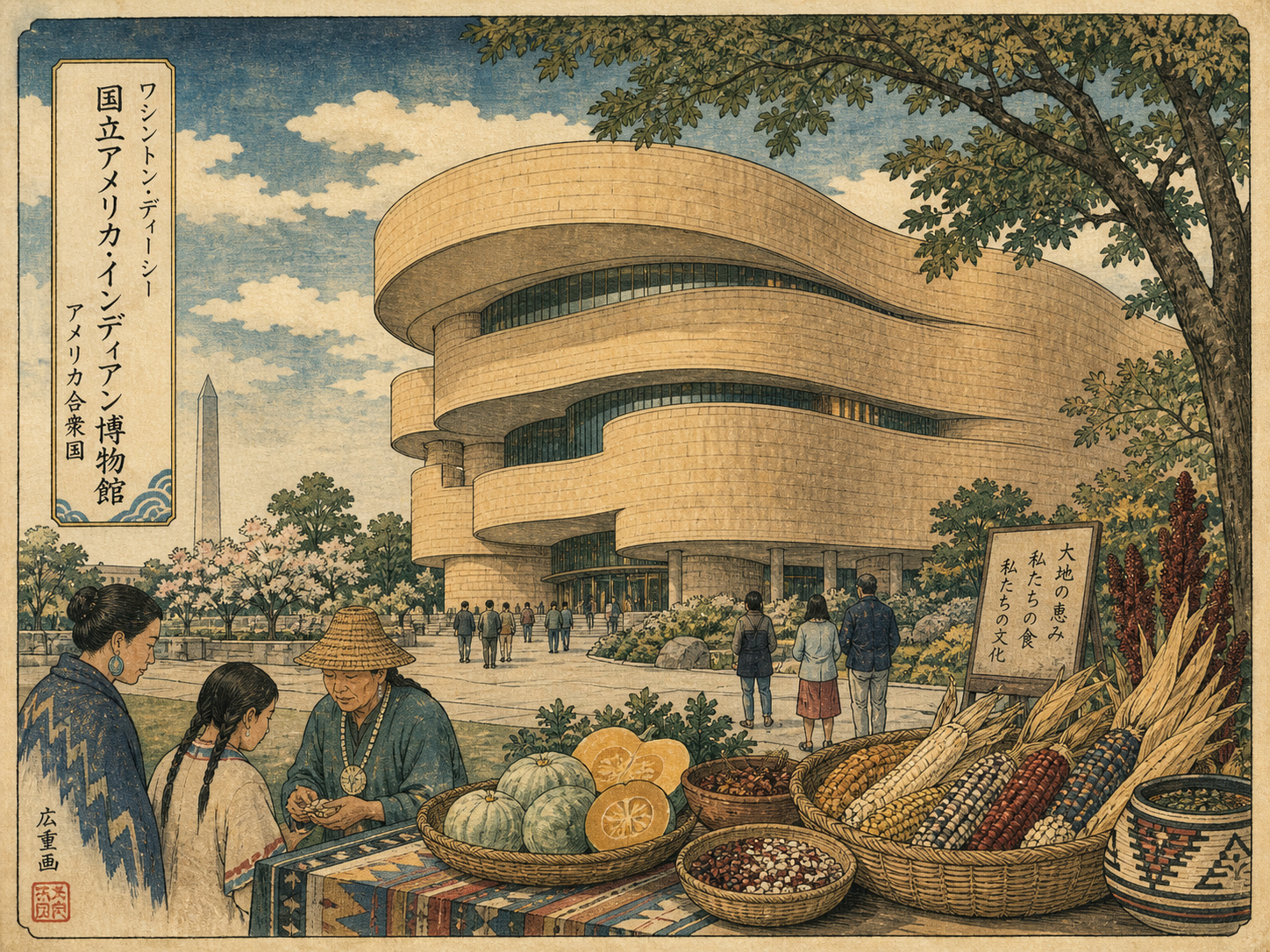 国立アメリカ先住民博物館、曲線的な建築と食文化を描いた木版画風景