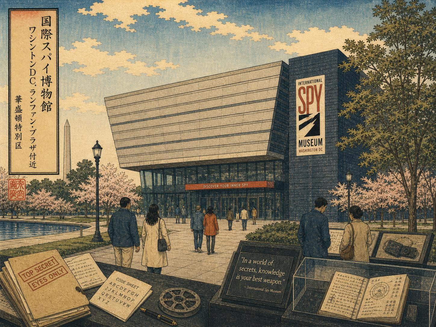 国際スパイ博物館、秘密文書、ランファン・プラザ周辺を描いた木版画風景