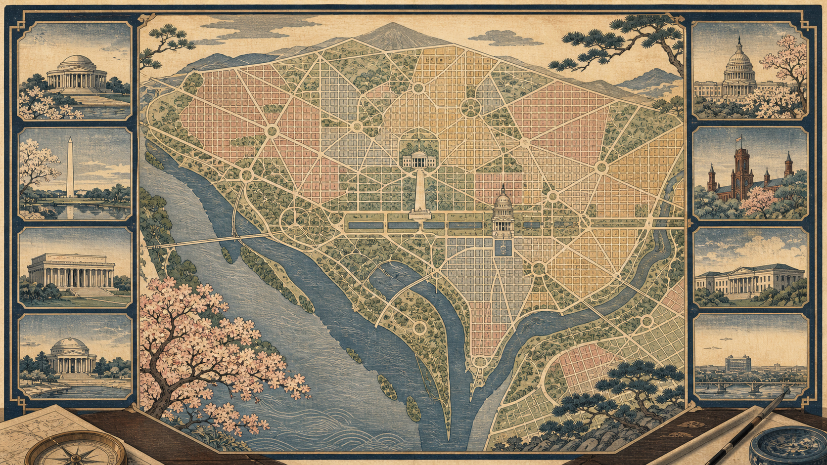 ワシントンD.C.の正式な都市地図、ナショナル・モール、街区、周辺名所を描いた木版画風景